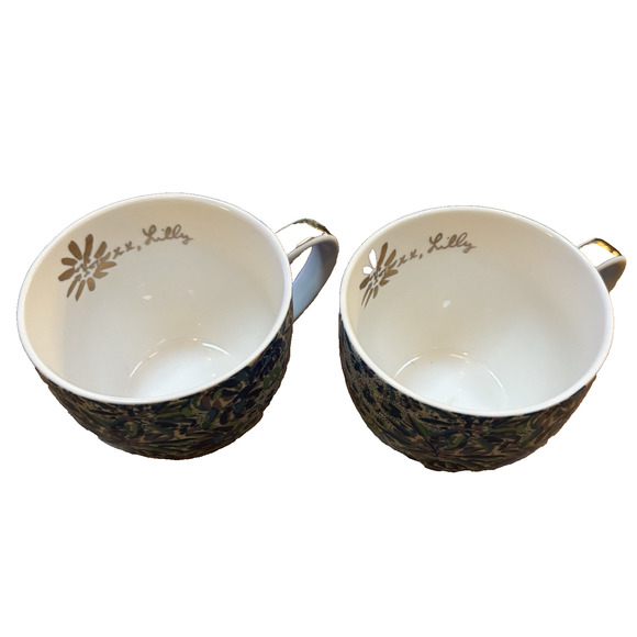 Lilly Pulitzer Set of 2 Ceramic 12 oz Coffee Tea Cups Blue Floral Lion Gold Trim - Picture 9 of 9
